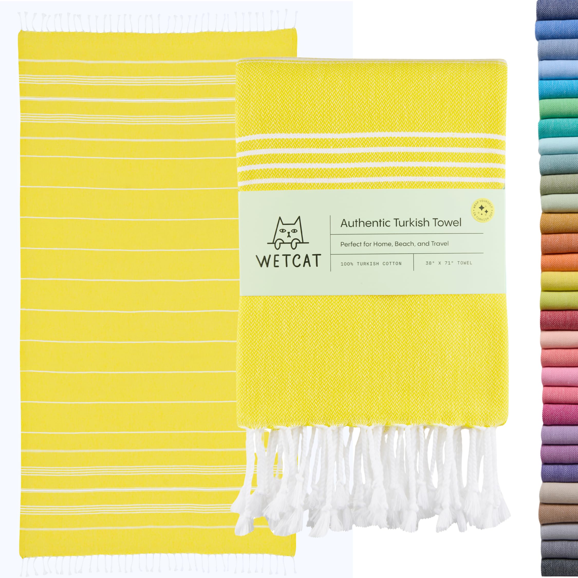 WETCAT Prewashed Super Soft Turkish Towel 100% Cotton Beach Blanket Peshtemal Fouta Throw - for Bath Beach Pool Picnic Yoga Travel 94 x 178 cm - Cat Cat Basic Yellow