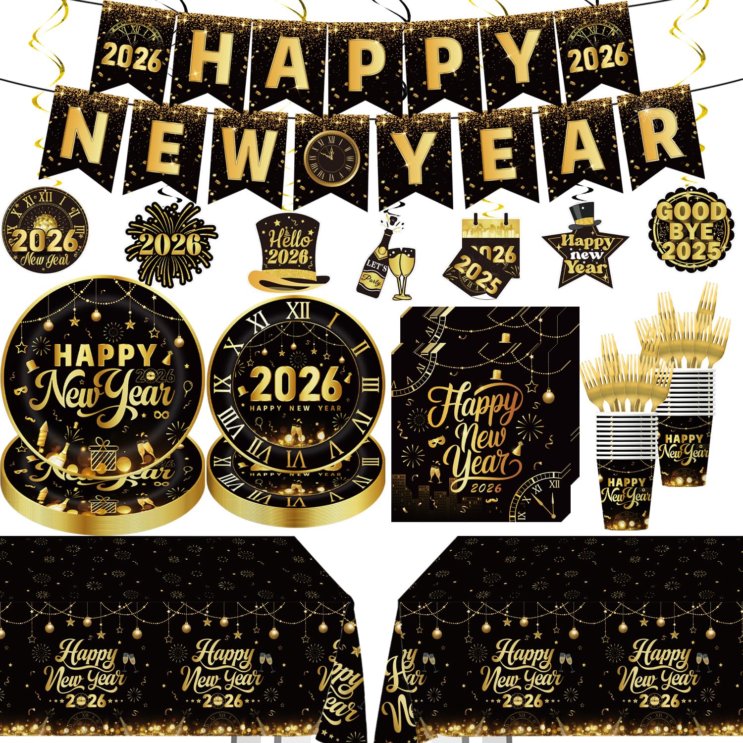 Photo 1 of ** missing more than half the items/ used**
110pcs New Years Eve Party Supplies Decorations 2026 Tableware Set for 20 Guest Include Happy New Year Banner,Paper Plates of 2 Size,Paper Napkins and Cups,Plastic Forks and Tablecloth,Hanging Swirls