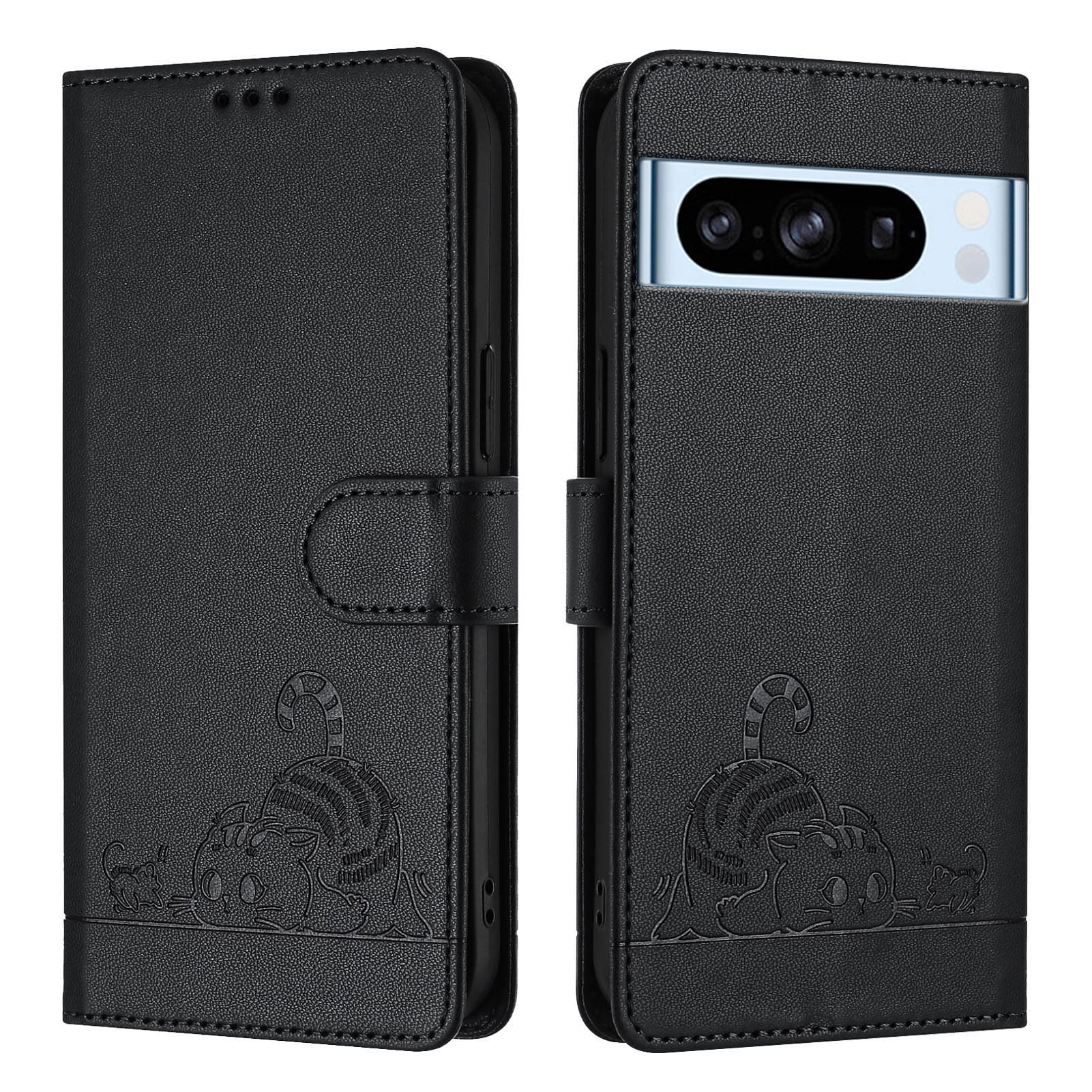 ScandiCasis SC Google Pixel 8 Pro Flip Case, Cat Pattern Leather Cover with [Card Slots] [RFID] [Wallet] [Kickstand] Shockproof Case, Black — image 1