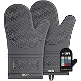 Silicone Oven Mitts, Heat Resistant Oven Gloves with Quilted Liner, Waterproof & Non-Slip Kitchen Mittens for Baking Cooking BBQ, 500°F, 12.5"-Deep Gary