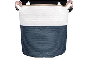 MINTWOOD Design 83L Extra Large 20x18 Inches Decorative Woven Cotton Rope Basket, Tall Laundry Basket Hamper, Blanket Basket for Living Room, Round Storage Baskets for Pillows, Towels, Prussian Blue