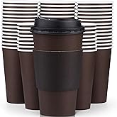 Promora 100 Pack Disposable Coffee Cups with Lids 16 oz, Quality 16 Oz Paper Hot Coffee Cups with Sleeves for Comfortable Cup