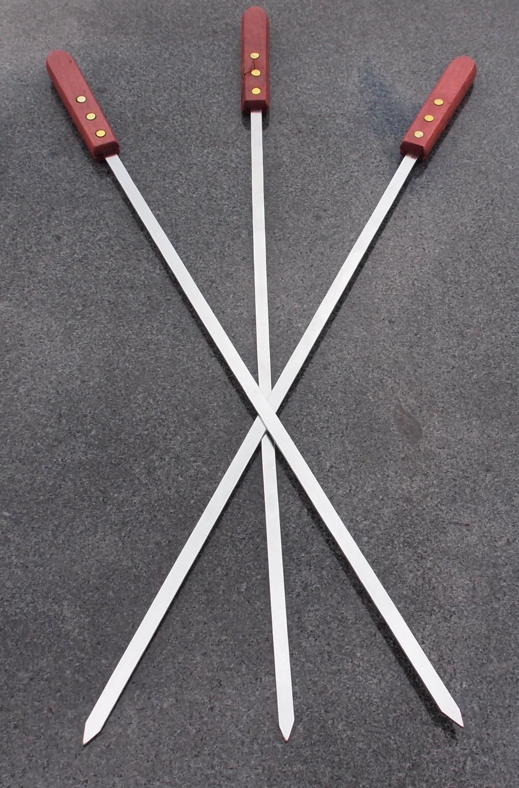 Shish kebab steel barbeque skewers with wooden handle, set of 3, (610 mm length x 10 mm width x 2 mm thickness)