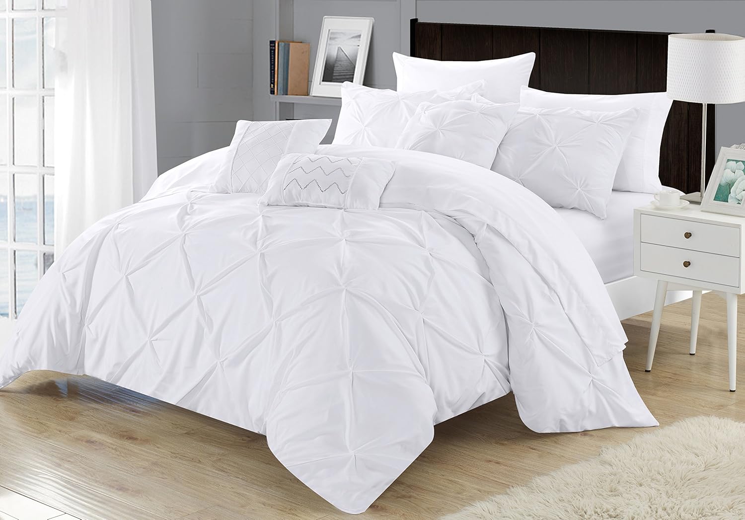 Chic Home 8 Piece Zita Pinch Pleated, Ruffled and Pleated Complete Twin Bed in a Bag Comforter Set White Sheets Set and Decorative Pillows Included