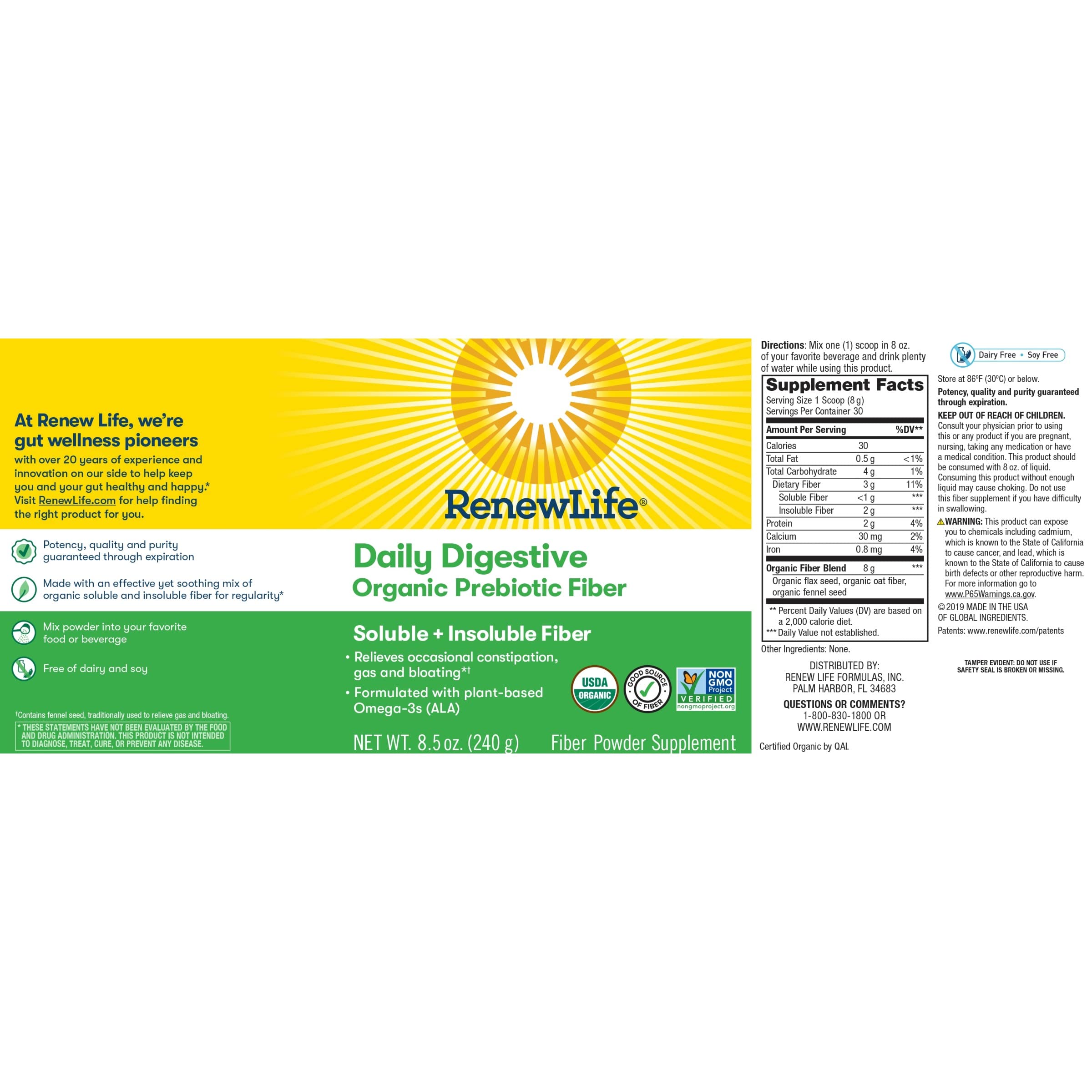 Renew Life Daily Digestive Organic Prebiotic Fiber Powder, Daily Supplement Supports Digestive and Immune Health, Soluble and Insoluble Fiber, Dairy and Soy Free, 8.5 oz.