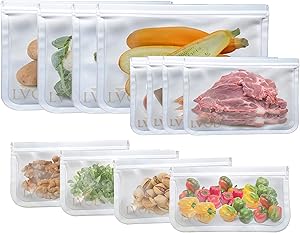 LVOD Reusable Storage Bags 12 Pack, Washable, PVC BPA free Extra Thick Leakproof PEVA & Silicon Special material Freezer Bags for Food, Sandwich, Snacks, Vegetables, Meat & strong Zip lock Seal