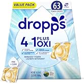 Dropps 4-in-1 Plus Oxi Laundry Detergent Pods, Free &amp; Clear (63 Count) - Unscented Laundry Pods | Odor Defense | Fights Stains | Whitens &amp; Brightens | Clean Ingredients | Plastic Free Packaging