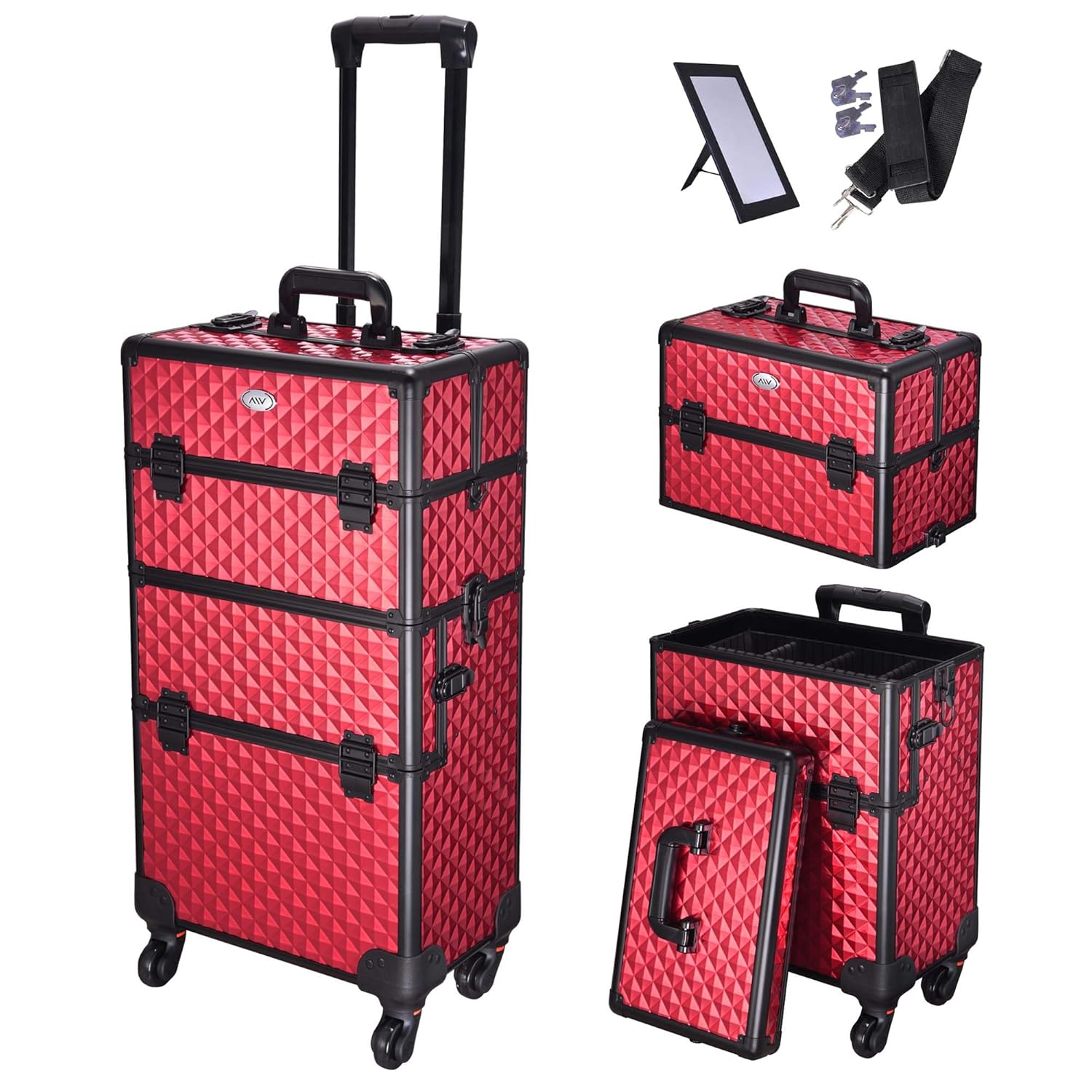 AW 2in1 Aluminum Makeup Train Case Rolling Travel Salon Trolley Cosmetics Hairdressing Vanity Storage Organizer
