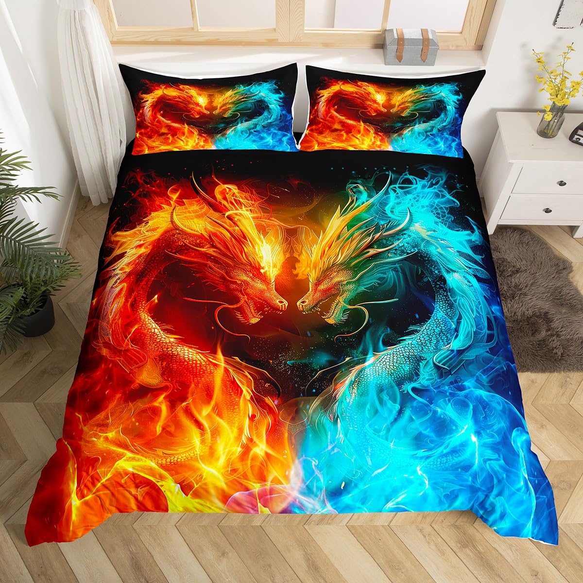 Loussiesd Kids Dragon Duvet Cover Single Size Ice Fire Dragon Bedding Set Wild Animal Comforter Cover Set Couple Wildlife Bedspread Cover Yellow and Blue Quilt Set with 1 Pillow Case 2PCS — image 1