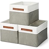 Amazon Basics Collapsible Storage Bins with Faux Leather Handles, Foldable Organizing Containers for Closet, Charcoal, Large, 3-Pack