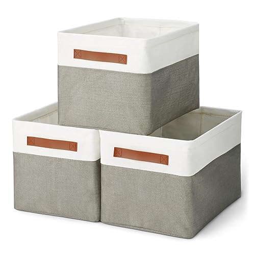 Amazon Basics Collapsible Storage Bins with Leather Handles, Charcoal, Large, Pack of 3