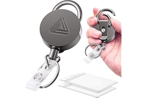 AZRRA 2 Pack Heavy Duty Metal Retractable Badge Holder Reel with Belt Clip Key Ring and Waterproof Vertical Clear ID Card Holder + 2 Extra Carabiner Key Chain Rings, 30 inches Strong Dyneema Pull Cord