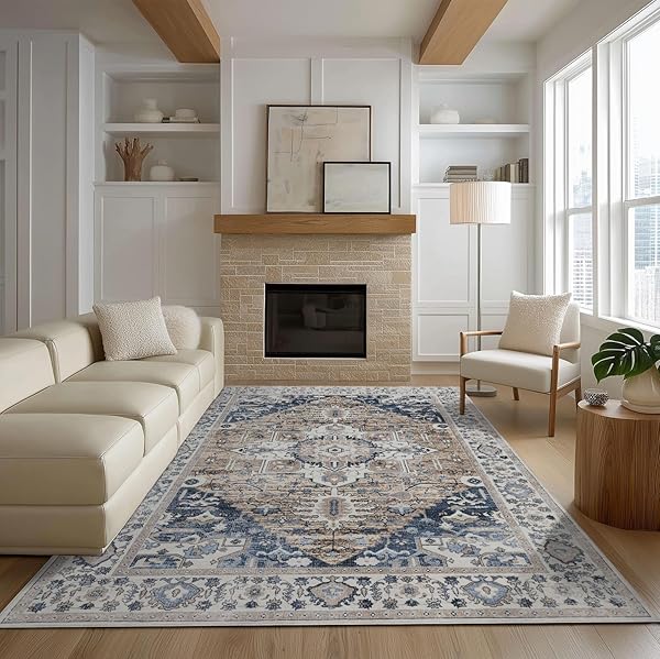 KENODITAN 9X12 AREA RUG LIVING ROOM RUGS, STAIN RESISTANT WASHABLE RUG, VINTAGE LARGE NON-SLIP BACKING, LOW PILE LIGHTWEIGHT PRINT RUG FOR BEDROOM DINNING ROOM HOME OFFICE (TAUPE/BLUE)