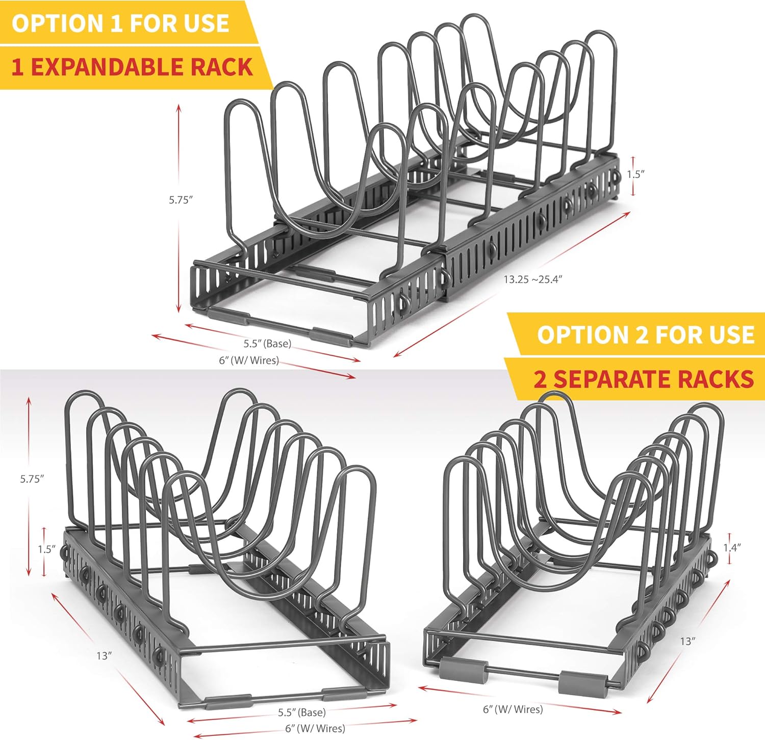 BTH 12+ Expandable Pan & Pot Lid Organizer Rack : Total 12 Adjustable Compartments, Store All Shapes of Lid Handles Securely, Kitchen Cabinet Countertop (Dark Gray) -