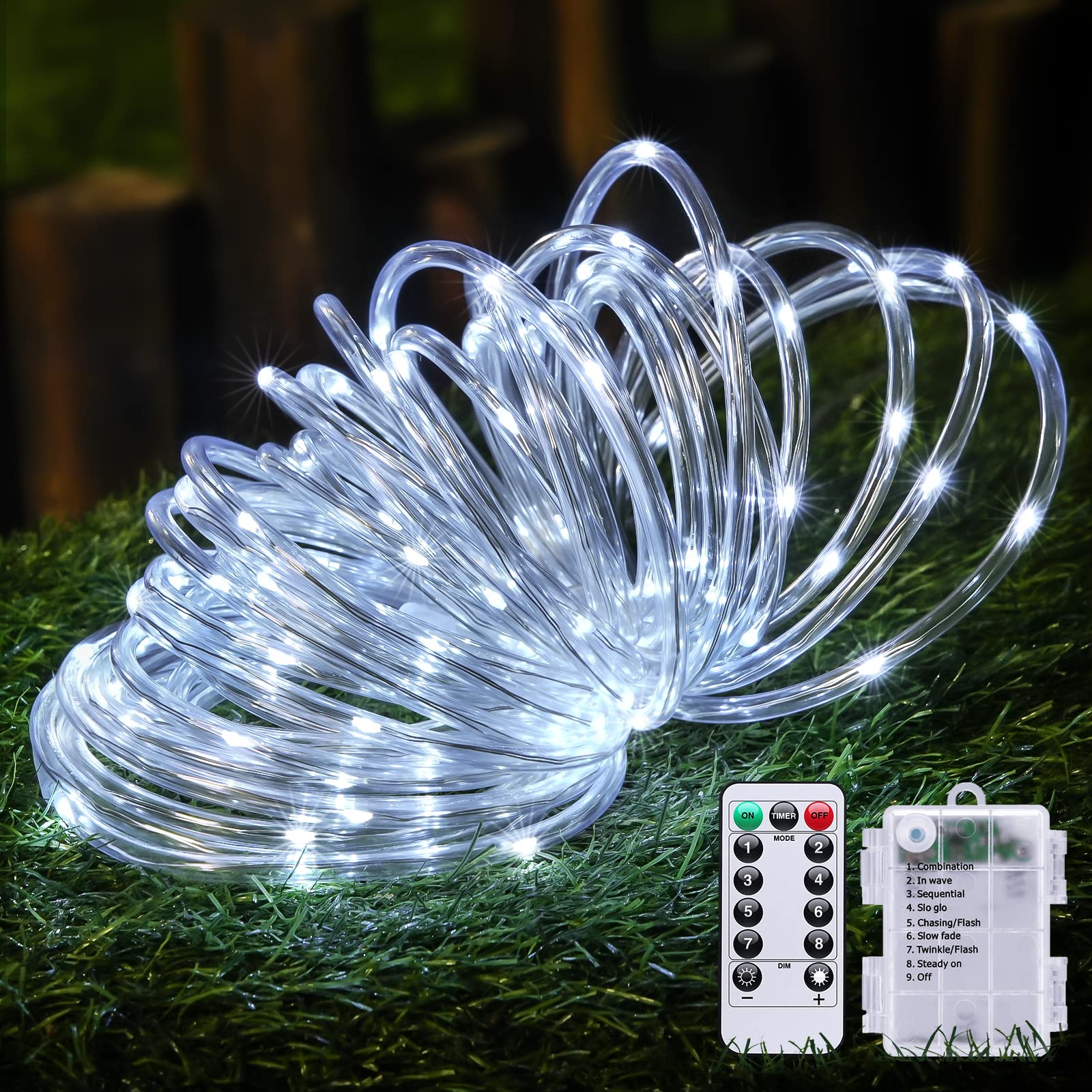 Photo 1 of JMEXSUSS 100 LED Battery Operated Rope Lights - Outdoor Waterproof, 33ft 8Mode Battery String Lights Outdoor with Remote for Trampoline, Camping, Balcony, Canopy, Deck Decor (White)