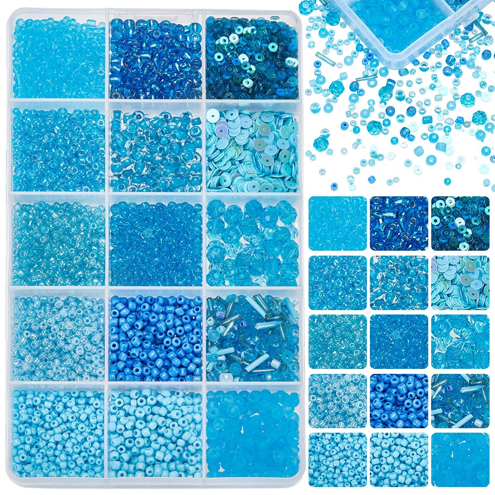 PH PandaHall 9600pcs Blue Craft Beads 12 Styles Glass Seed Beads 2/3/4mm Pony Bead with Glass Bugle 6mm Faceted 2 Style Flat Round Paillette Sequins Bead for Jewelry Making