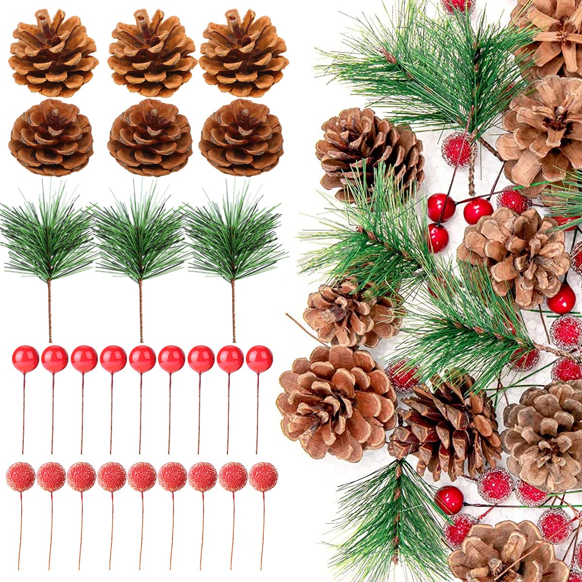 MEIYIFAN 240Pcs Christmas Wreath Making Decoration,Tree Wreath Accessories Set,Artificial Holly Berries Natural Pine Cones for Christmas Tree Home Party DIY Crafts Gift