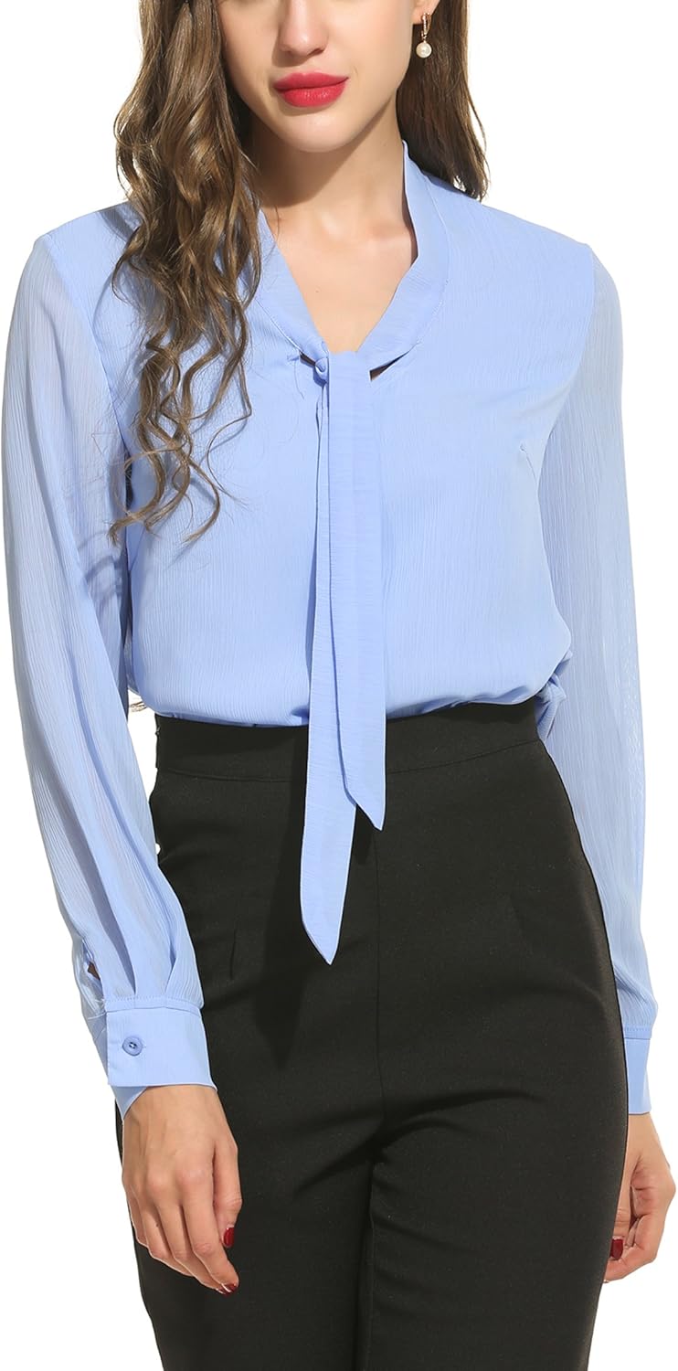 ACEVOG Womens Bow Tie Neck Long/Short Sleeve Casual Office Work Chiffon Blouse Shirts Tops: Clothing