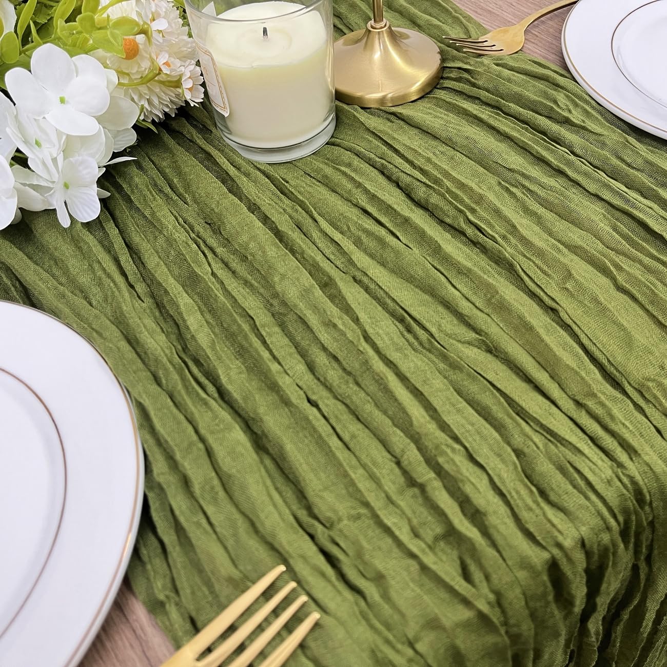 Photo 1 of 1 Pack Cheesecloth Table Runner, 10FT 35x120 inch Moss Green Table Cloth, Boho Rustic Gauze Dusty for Baby Shower Decor, Mothers Day, Bridal Shower, Wedding, Thanksgiving, Christmas, Birthday Decor