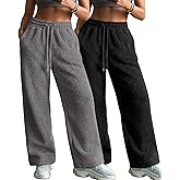 Velvelhall 2 Pack Women's Fleece Sweatpants Wide Leg Winter Thermal Pants Drawstring Waist with Pockets Fuzzy Lounge Pajamas