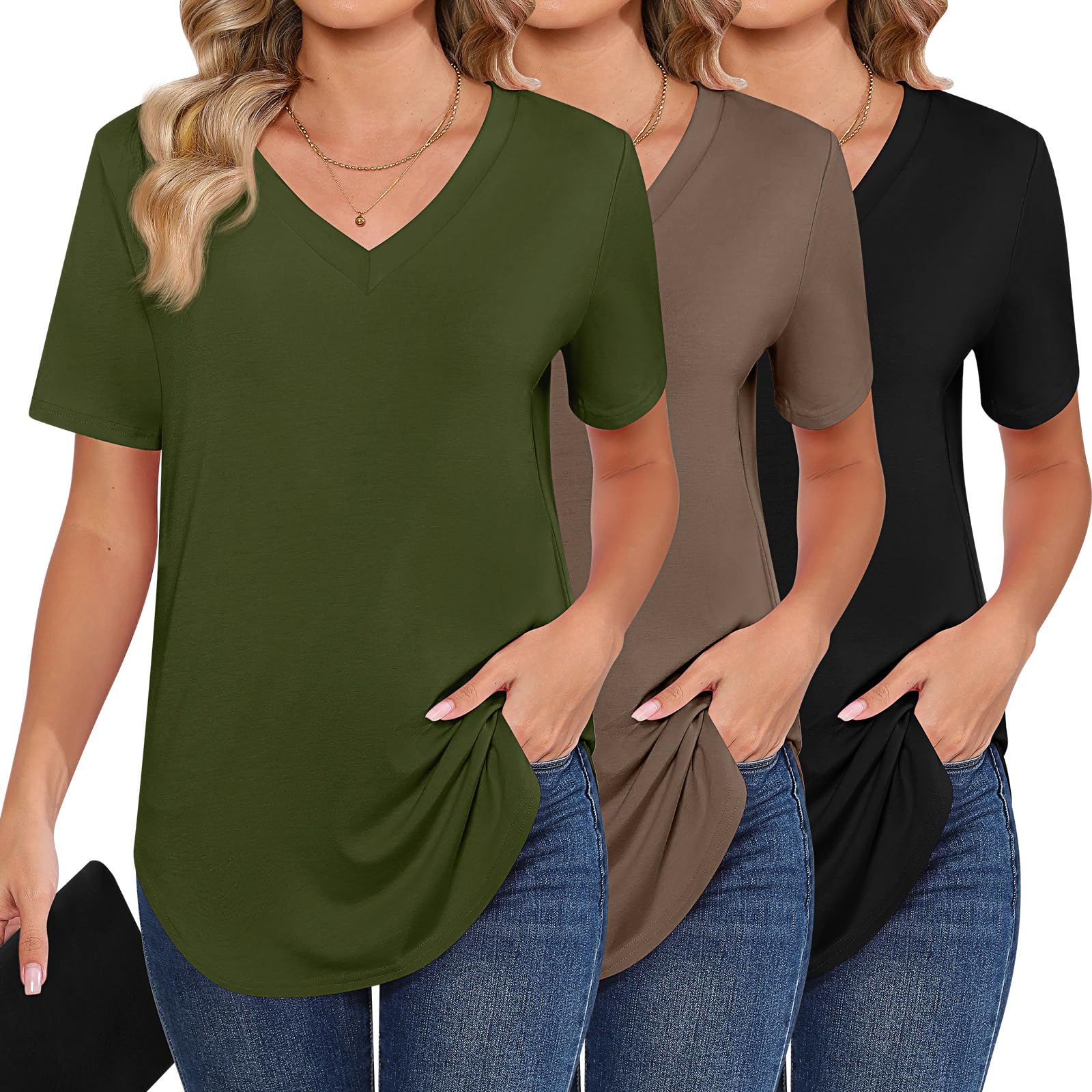 Photo 1 of Ficerd 3 Pack Women's Short Sleeve Tunic Tops, V Neck Curved Hem Shirt Casual Summer Basic Tshirts Tee Blouse (Black, Army Green, Coffee,XX-Large)