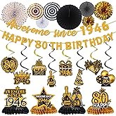 Lovarywow 80th Birthday Decorations for Men Women - 22PCS Awesome Since 1946 Birthday Banners Paper Fans Hanging Swirls Honeycomb Centerpieces Party Decor, Black Gold eighty 80 Years Old Bday Supplies