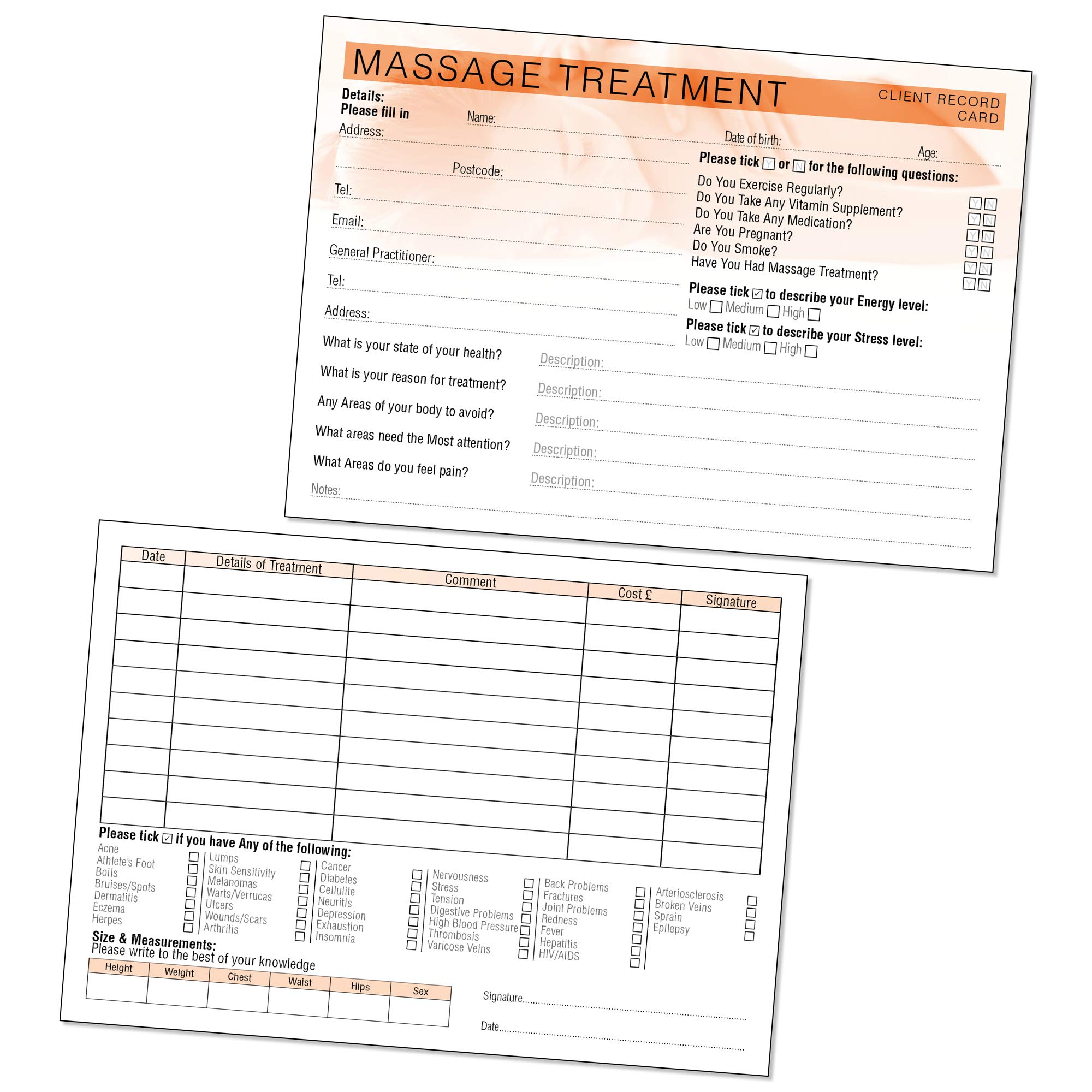 Massage Client Record Card - Treatment Consultation Form for Mobile Therapists & Salons A5 Pack of 50 - Landscape