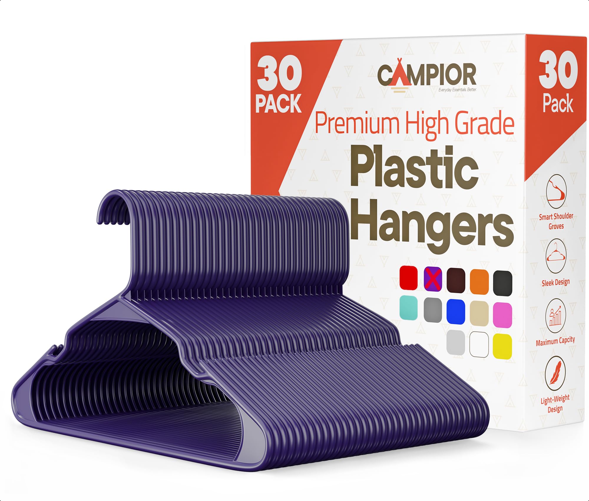 Purple Plastic Hangers 30 Pack– Heavy-Duty Plastic Hangers Slim and Space-Saving, Durable and Lightweight with Non-Slip Shoulder Notches for Slip Dresses, Suits, Jackets & Camisoles