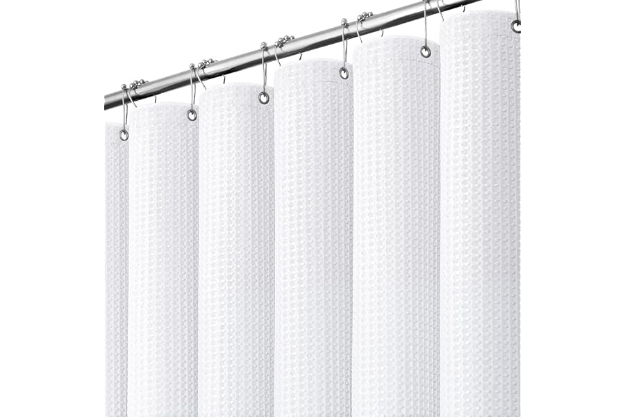 Dynamene Waffle Shower Curtain 256 GSM Heavy Duty Fabric 72"x72" White | Thick Textured Cloth, Weighted Hem, Water Repellent Washable, Hotel Luxury Polyester Shower Curtain Set for Bathroom 12 Hooks