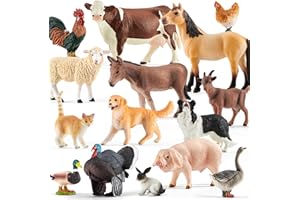 DIVWA 15 Pcs Farm Animal Toy for Toddler Kid, Plastic Toy Farm Animal Figure Set Playset Including Cow Horse Goat Sheep Pig Donkey Goose Duck Turkey Chicken Dog Cat Rabbit for Kid Age 3-5 5-7