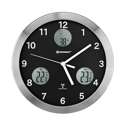 Bresser Funkuhr Wanduhr MyTime io, 30cm große Wanduhr mit geräuschlosem Funkuhrwerk mit Innen- und Außentemperatur + Luftfeuc