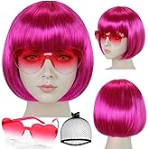 TIKJOYS (Wig Cap + Hot Pink Bob Wig with Sunglasses for Women Short Straight Synthetic Colorful Neon Party Wigs for Halloween Costume Womens Hot Pink Cosplay Wigs for Adults Halloween Anime Outfit