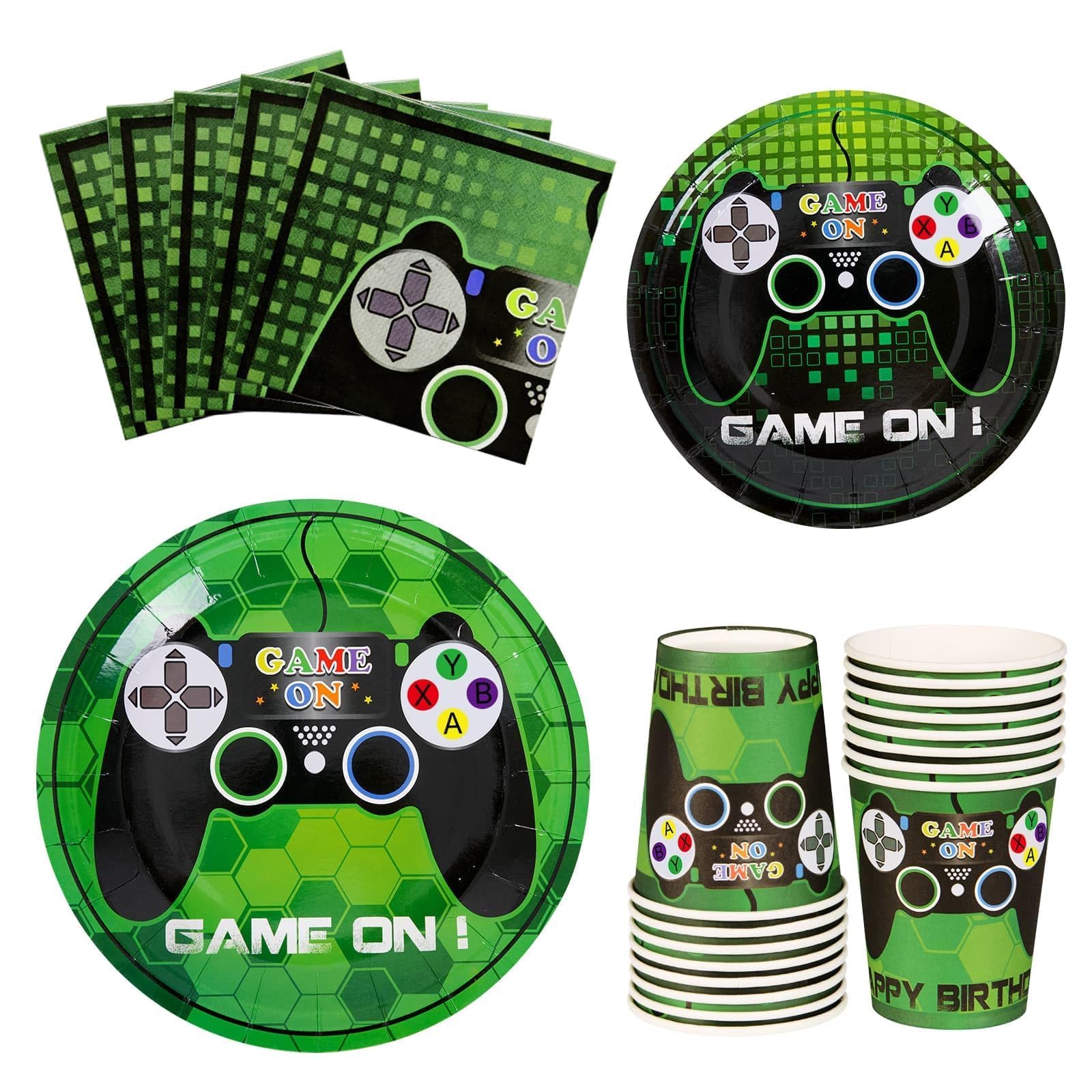 WERNNSAI Video Game Party Decorations - 64 PCS Gaming Birthday Supplies for Boys Green Black Game Party Plates Cups Napkins Paper Kids Tableware Set on Gamer Night Serves 16 Guests
