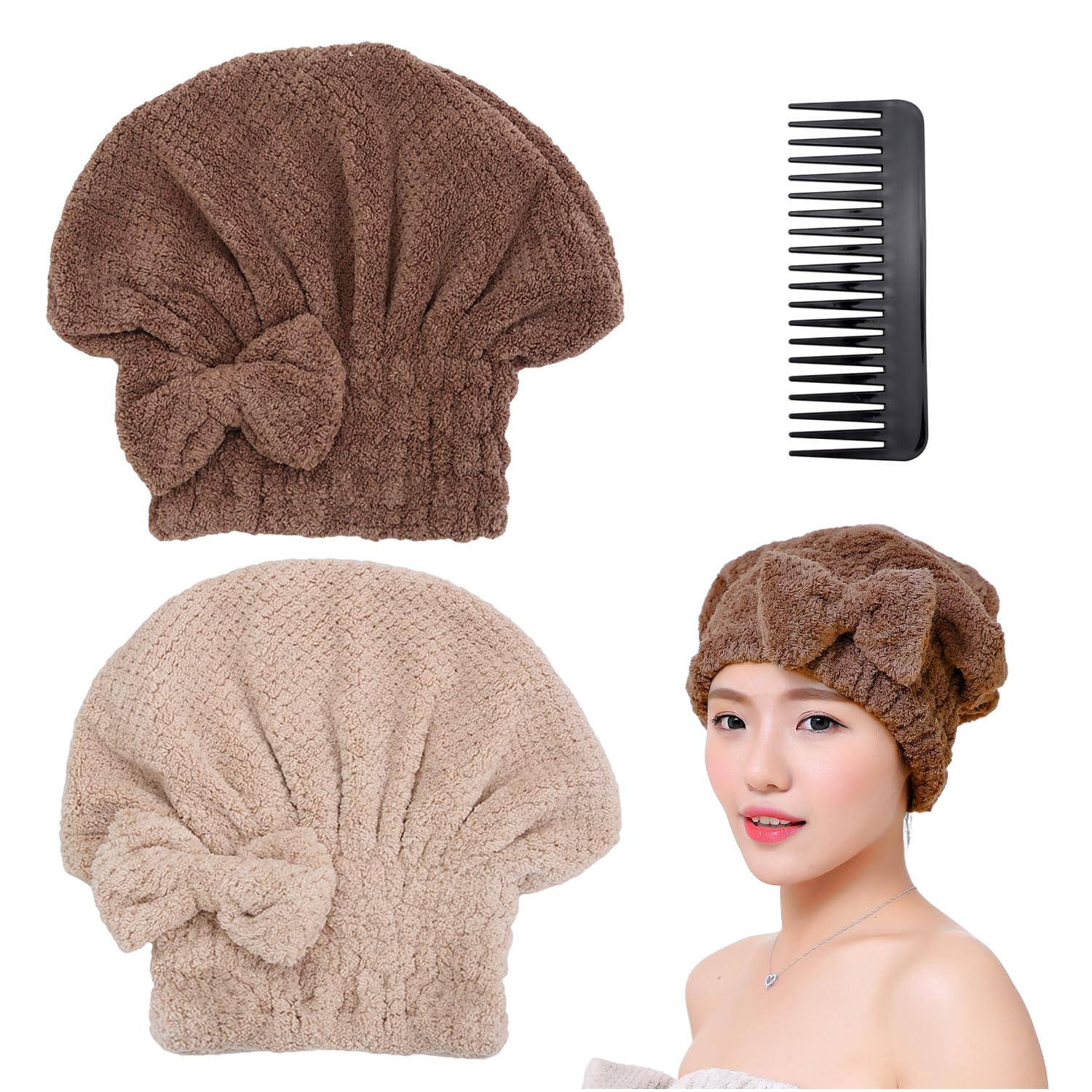 2 Pieces of Absorbent Hair Drying Caps and 1 Piece of Plastic Comb, Super Absorbent Towel, Hair Drying Towel, Quick Drying Towel, Women's Hair Drying Cap, Soft Hair Drying Cap, Bath Accessories