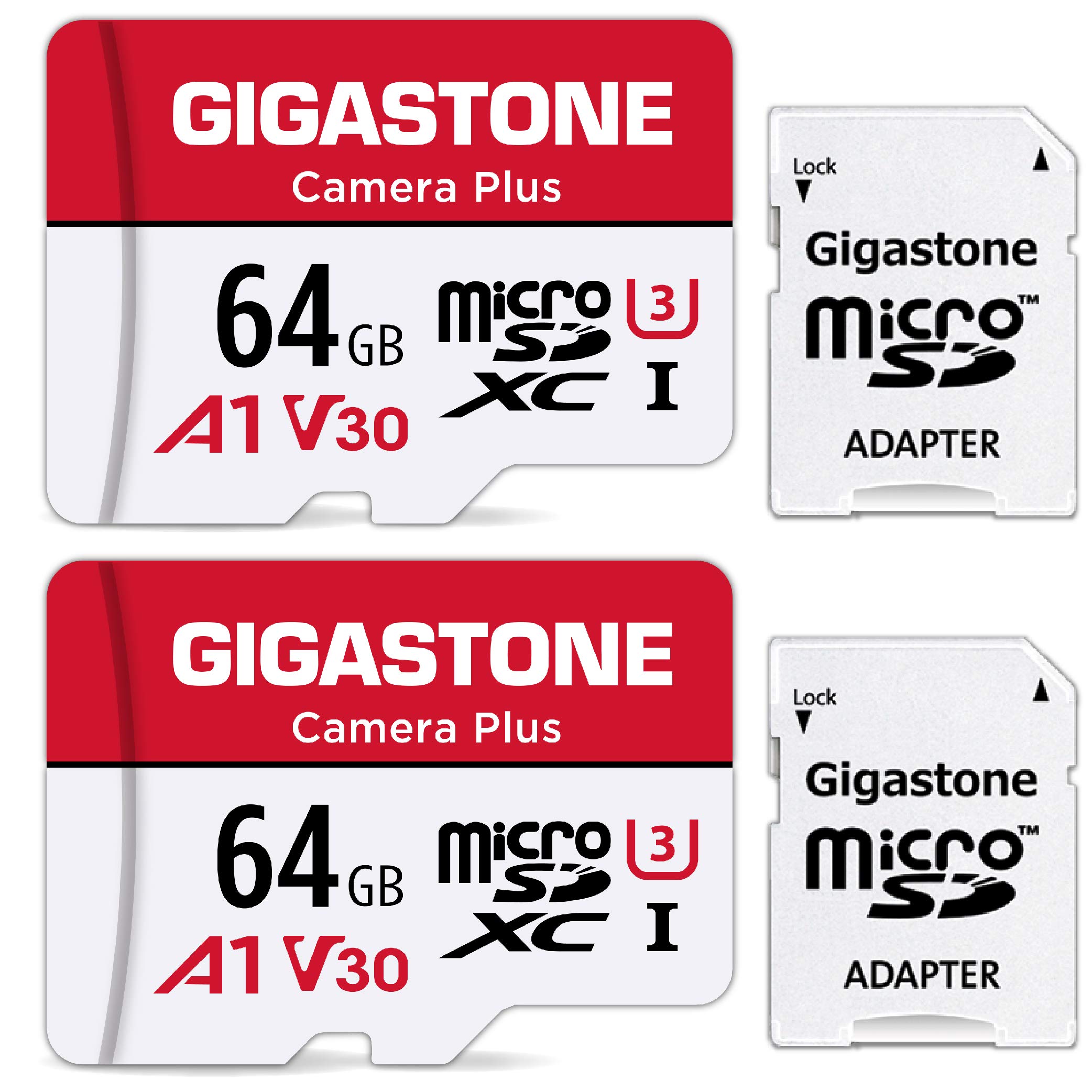 Gigastone 2 Pack 64GB Micro SD Card with 2 SD Adapters + 2 Mini Cases, Camera Plus, 4K Video Recording, High Speed 95MB/s, Compatible with Nintendo Switch, MicroSDXC UHS-I A1 V30 U3