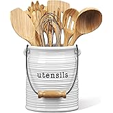Barnyard Designs Ceramic Farmhouse Kitchen Utensil Holder, 6" White | Decorative Rustic Crock for Cooking Tools, Spatulas, an