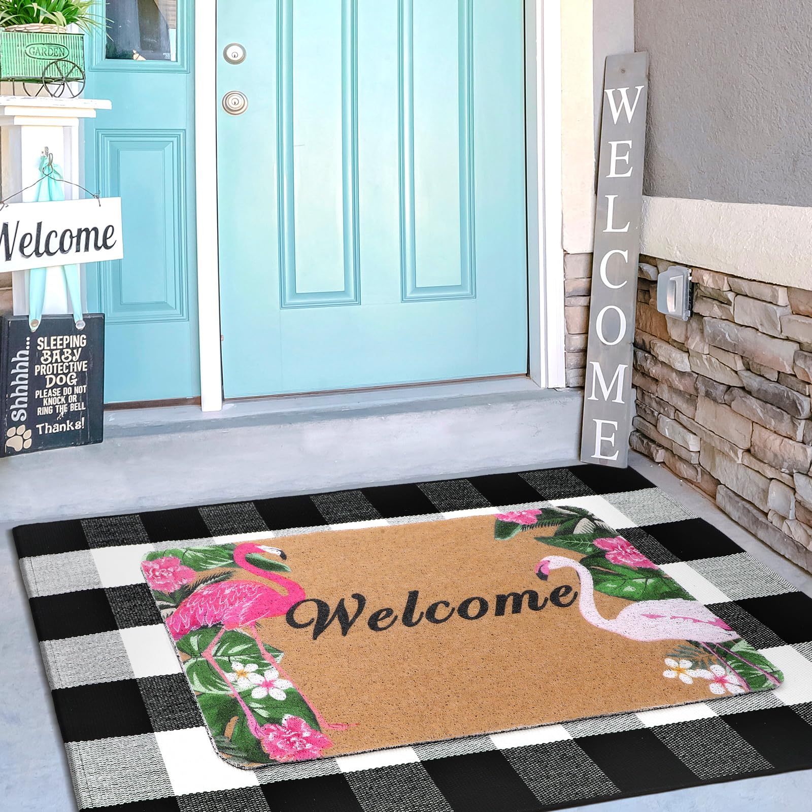 Photo 1 of FuWeave 2 Pcs Flamingo Doormat Tropical Welcome Mat Set Pink Hawaiian Outdoor Coir Door Mat Black White Buffalo Plaid Layering Rug Flamingo Gifts for Women Yard Front Porch Summer Party Decoration
