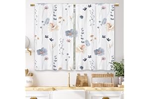 Laifzere Blue Floral Kitchen Curtains Watercolor Flower Wildflower Boho Small Short Cafe Window Curtains Farmhouse Rustic Leaf Botanical Rod Pocket Bathroom Tier Window Treatment Drapes (27.5x39 Inch)