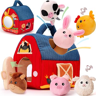 Hahaland Baby Toys 6-12 Months Farm Animals with Barn Rattle Crinkle Mirror