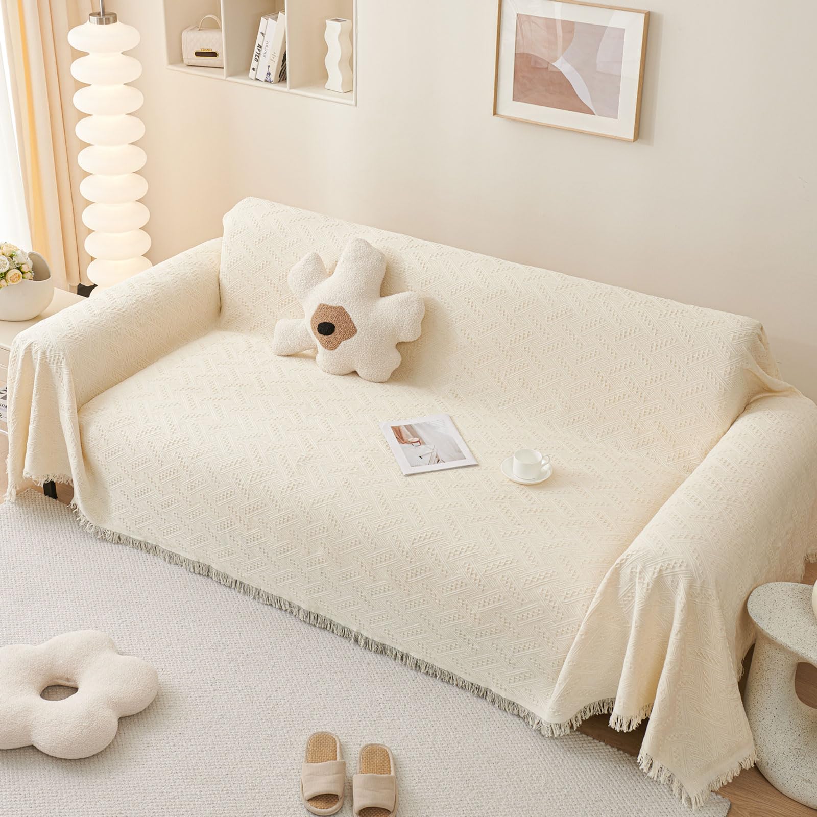 LHGOGO Sofa Throw for 2 Seater Sofas, Large Geometric Jacquard Woven Blanket with Fringes, 60% Cotton Blend Heavyweight Settee Throw, Reversible Couch Cover for Pets, 180x230cm, Cream