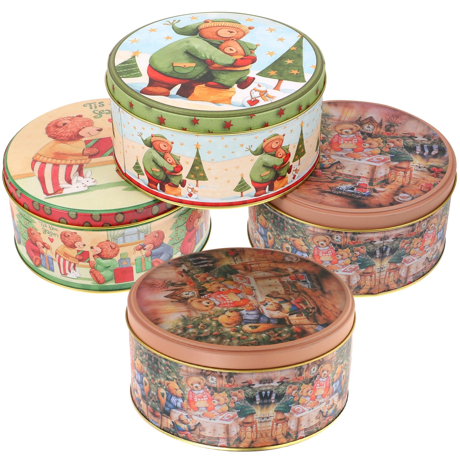 Veemoon 4 Pcs Christmas Round Candy Jars Metal Xmas Cookie Tin Can Tinplate Retro Tins Storage Containers for Candles, Cookies, Spices, Tea, Candies, Cakes(Mixed Style)