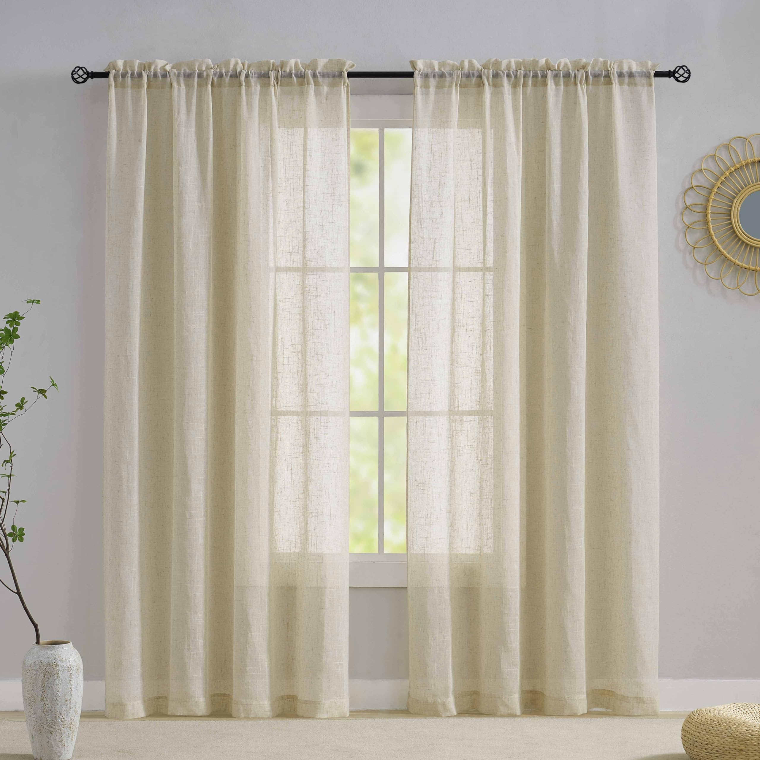 Home Brilliant Linen Net Curtains 96 Drop Voile Curtain Semi Transparent Window Panels for Patio, 54 x 96 inch long, Set of 2