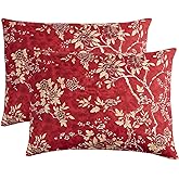 Wake In Cloud - Floral Pillow Cases, Vintage Flowers Toile Coquette Pattern Printed, Set of 2 Soft Pillowcases Pillow Shams Covers, Red, Standard Size 20x26 Inches
