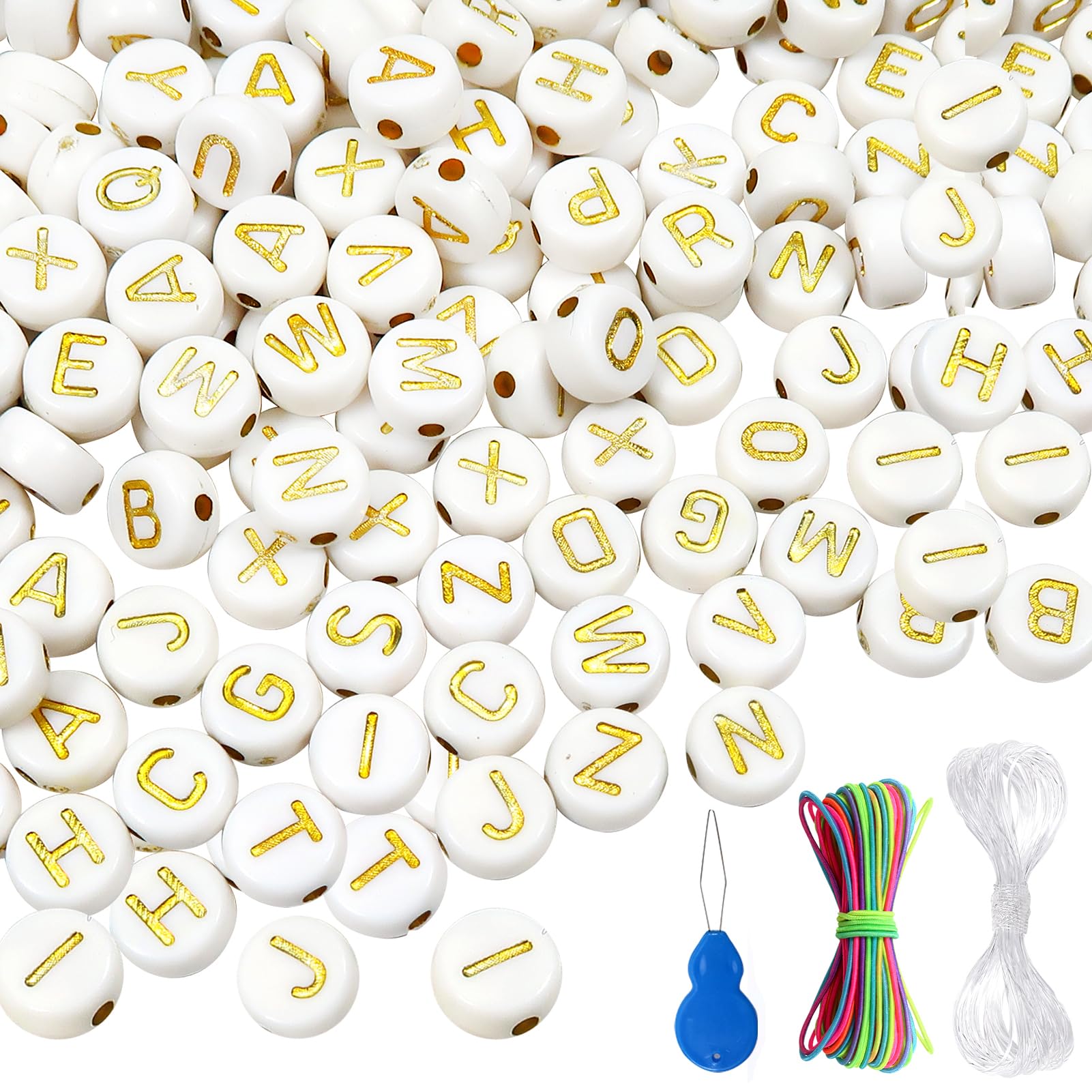 TOAOB 1000 Pieces of 4 x 7 mm White Beads with Gold Letters Acrylic Round Beads Spacer Beads for Jewelry Making
