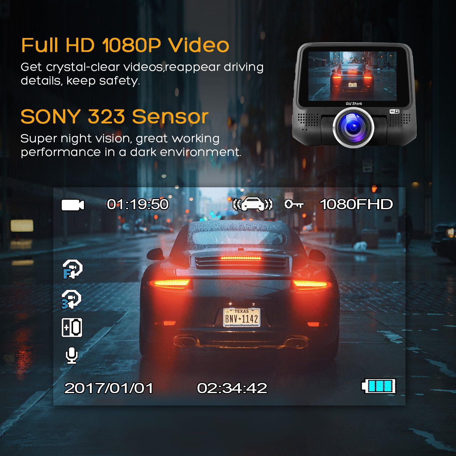 OldShark G15 Dash Cam with WiFi (Free 16GB SD Card),1080P Full HD in Car DVR 220 Degree Wide Angle 3\