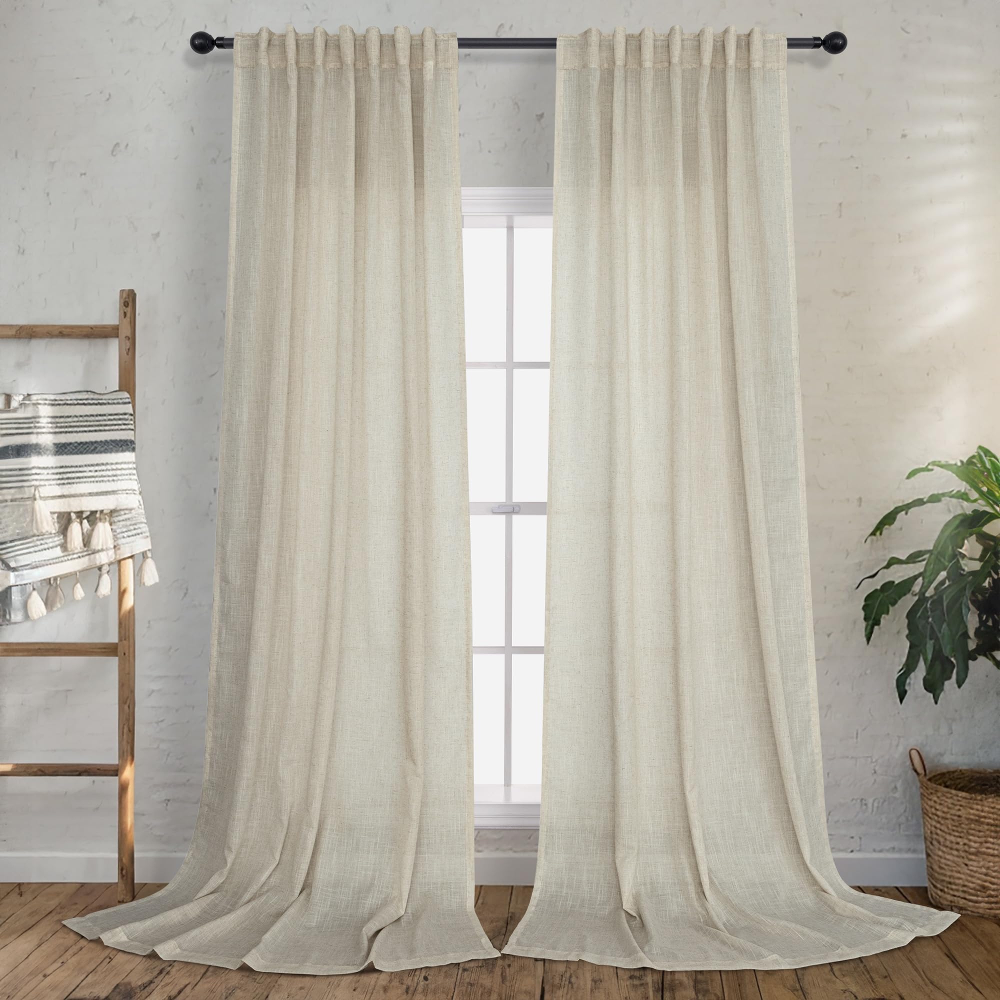 Flax Linen Curtain 100 Inches Long 2 Panels Set Back Tab Pleated Rod