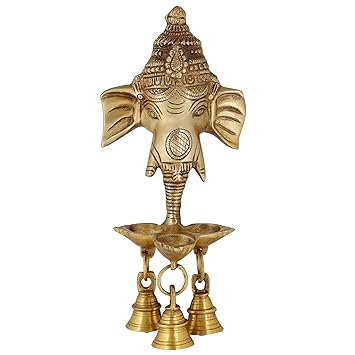 ShalinIndia Brass Gansha Wall Hanging Idol With Diya And Bell (Gold_9.5 Inch X 4 Inch)