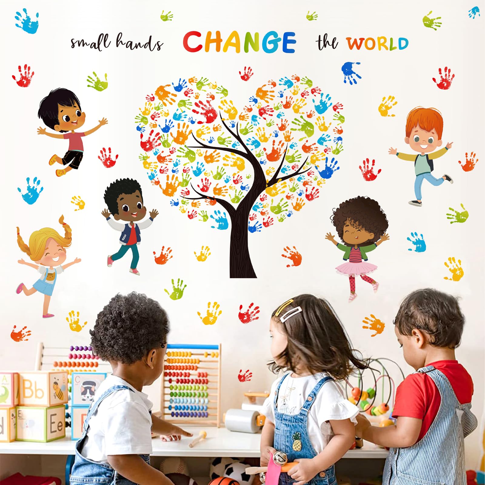 Baby Nursery Wall Stickers Decor Colorful Inspirational Wall Decals for Classroom Decoration Handprints Tree Decals Peel and Stick Motivational Quote Wall Stickes for Nursery Kids Room School Decor