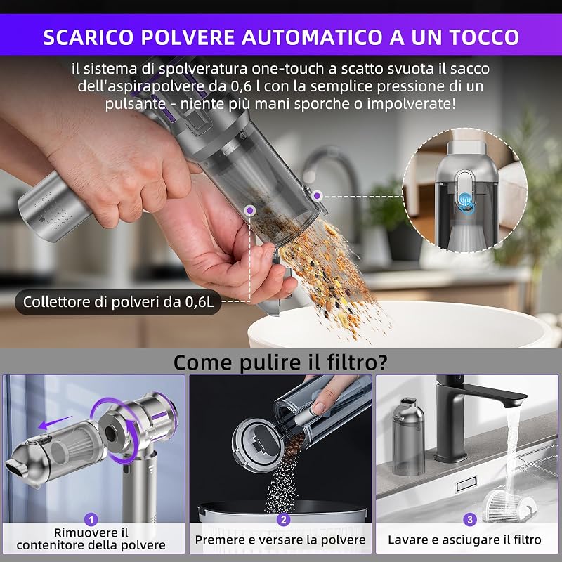 Aspirabriciole Senza Fili, 25000Pa Aspirapolvere Auto, Scarico Polvere Automatico a un Tocco & 4 in 1 Aspirazione con Motore Brushless, Aspirabriciole a 3 Velocità,Ideale per Peli di Animali,Auto,Casa — foto 3 di 7