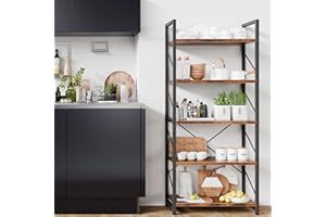 SHINTENCHI 5 Tiers Bookshelf, Classically Tall Bookcase Shelf, Industrial Book Rack, Modern Book Holder in Bedroom/Living Room/Home/Office, Storage Rack Shelves for Book, Brown